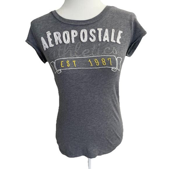 Aeropostale Y2K 2000s  Embroidered Spell Out Shirt Fitted Gray Sz M VTG - Picture 1 of 8